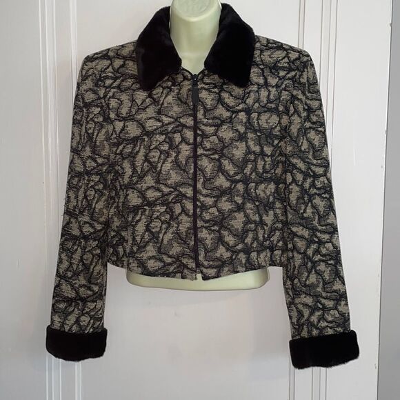 Emil Rutenberg tan & black cropped jacket with faux fur collar & cuffs - Picture 1 of 9